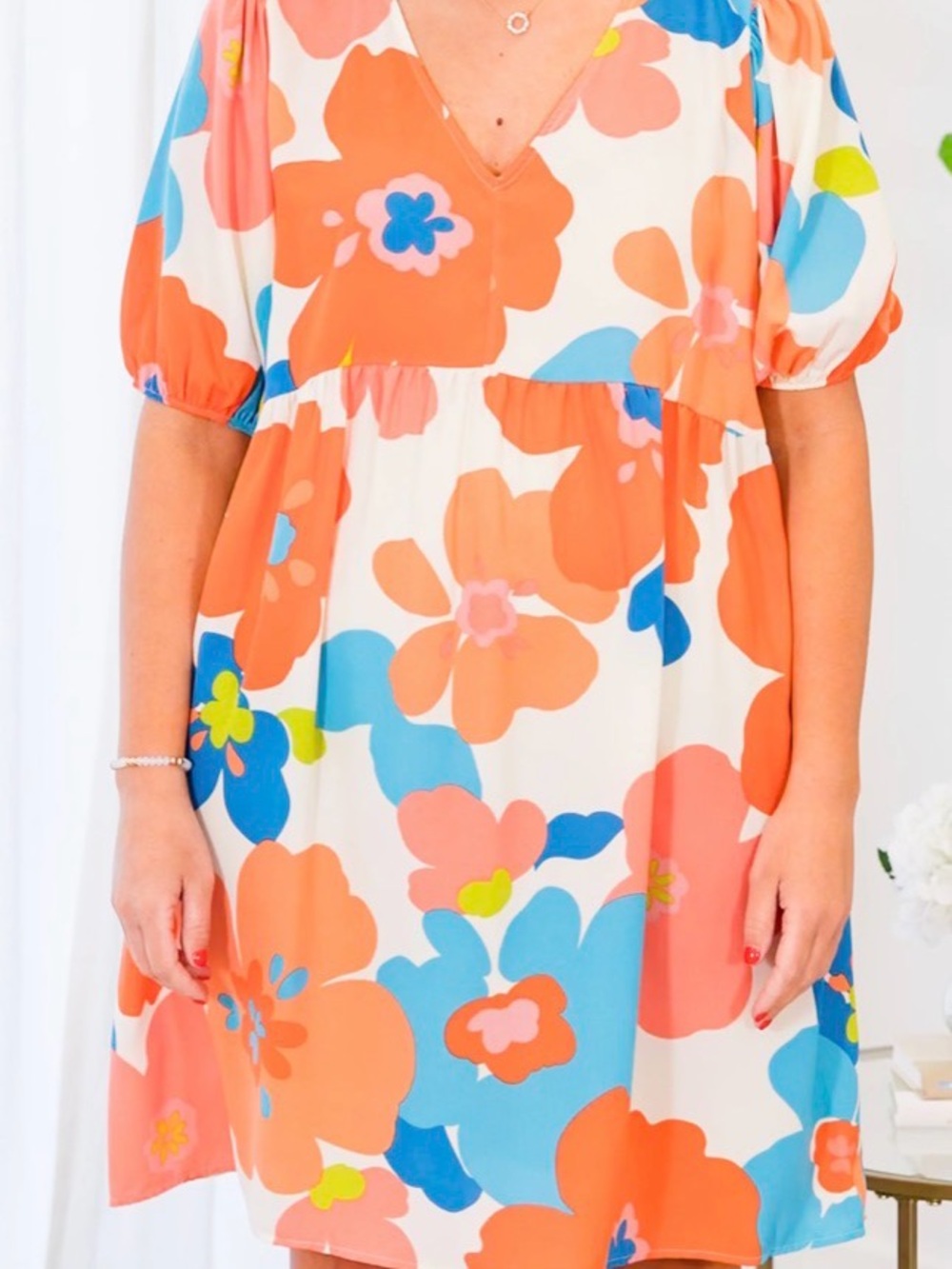 Floral Puff-Sleeve Dress in Coral & Blue